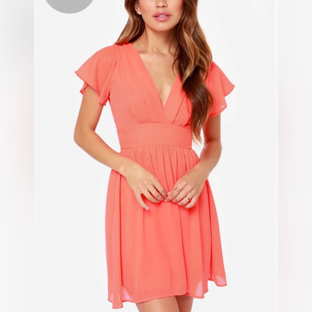 Lulu's Coral Flutter Sleeve Midi Dress